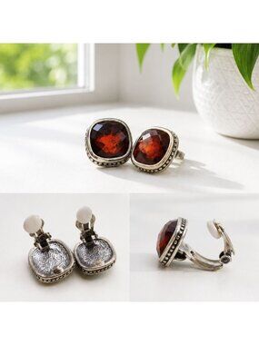 Vintage Silver-Tone Clip-On Earrings With Red Faceted Gemstones Elegant Square D